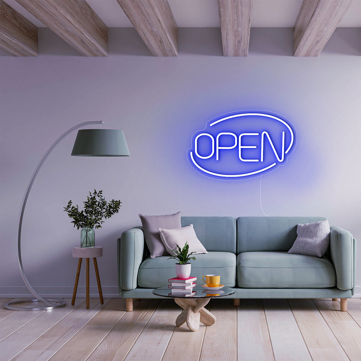 Blue OPEN LED neon sign in a modern living room