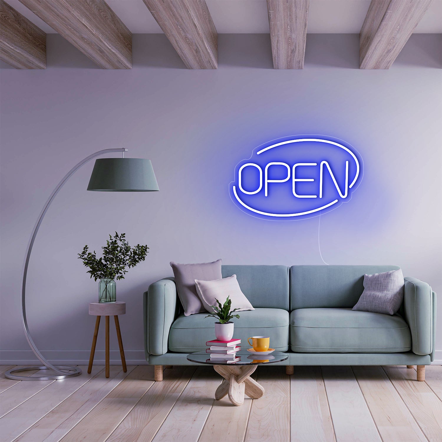 Blue OPEN LED neon sign in a modern living room