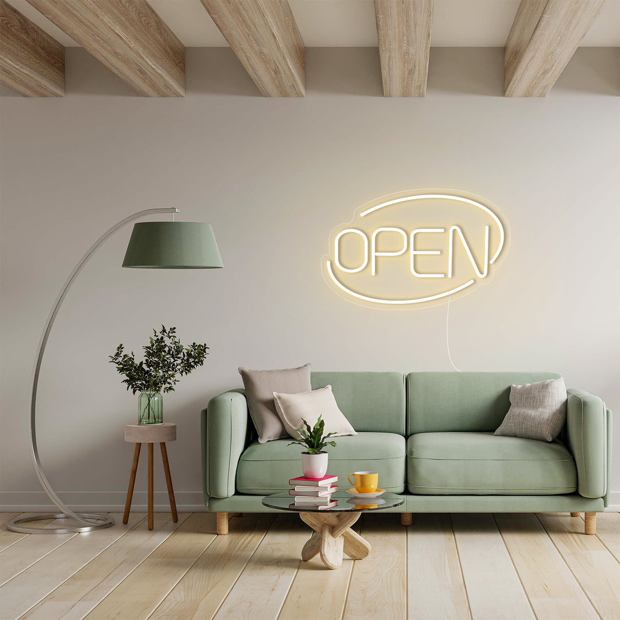 Open LED Neon Sign in Modern Living Room Setting