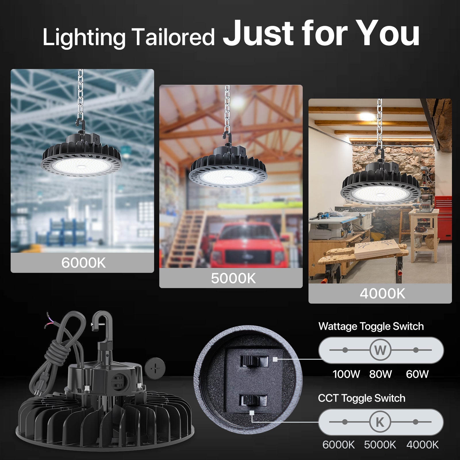 Hyperlite LED High Bay Light - Black Hero Series, 14500lumens, Selectable Wattage&CCT, AC 120-277V - LED High Bay Light with adjustable color temperature