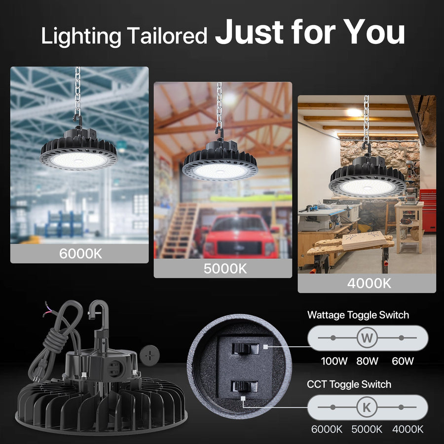 Hyperlite LED High Bay Light - Black Hero Series, 14500lumens, Selectable Wattage&CCT, AC 120-277V - LED High Bay Light with adjustable color temperature