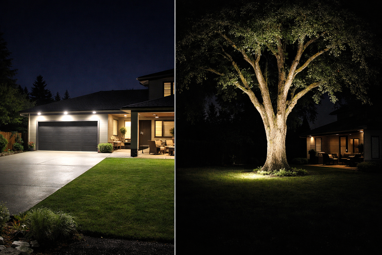 Side-by-side comparison of a bright flood light for garage safety versus a focused spotlight for highlighting landscape trees.