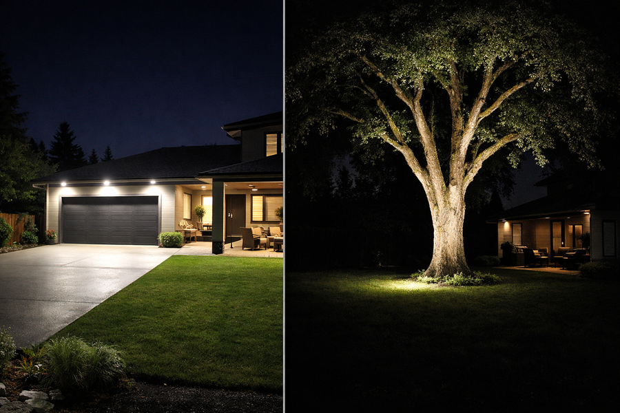 Side-by-side comparison of a bright flood light for garage safety versus a focused spotlight for highlighting landscape trees.