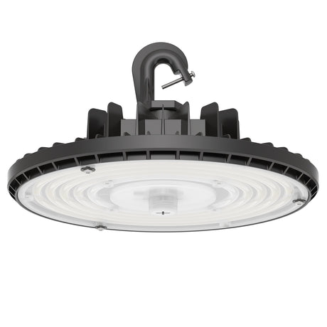 UFO High Bay LED Lights -HPHB01 Series, 24000lumens, Adjustable Wattage & CCT, 120-277V - Black UFO high bay LED light with adjustable wattage and CCT, featuring a hook mount and circular LED array.