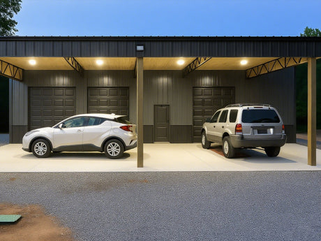 High bay LED light with enhanced brightness illuminating a garage.