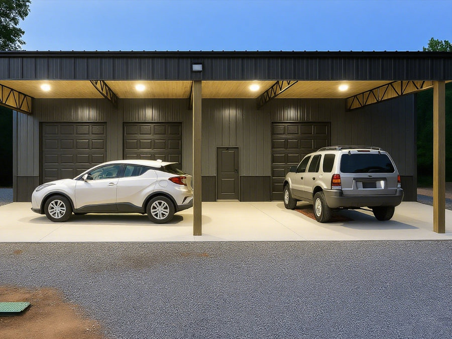 High bay LED light with enhanced brightness illuminating a garage.