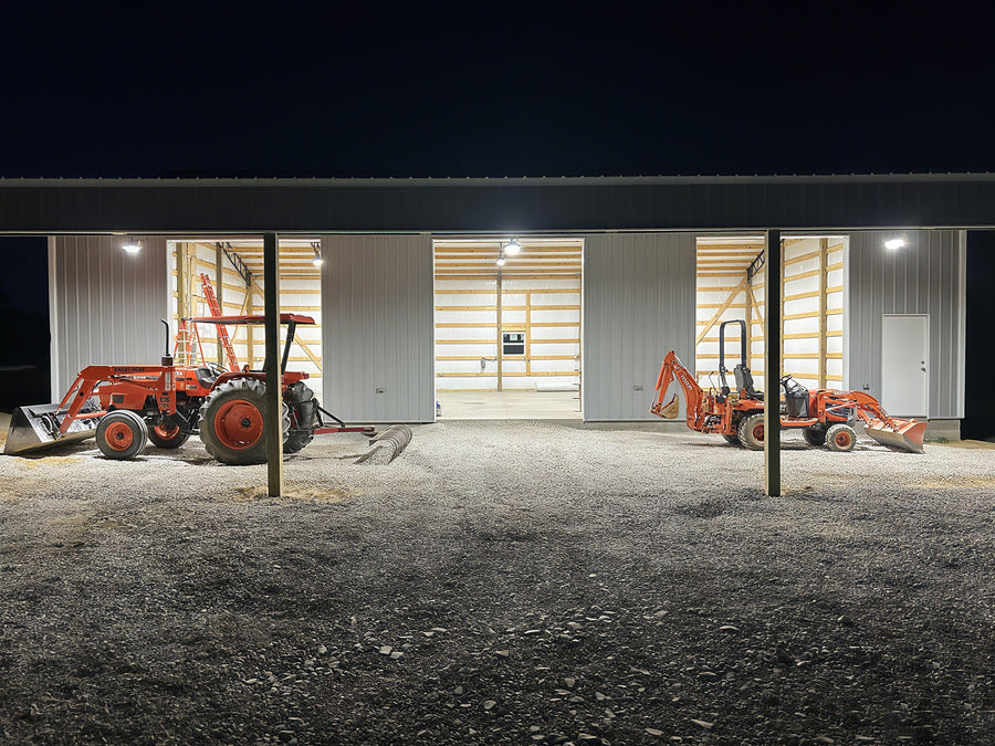 High bay LED lights mounted in industrial space, bright and energy-efficient
