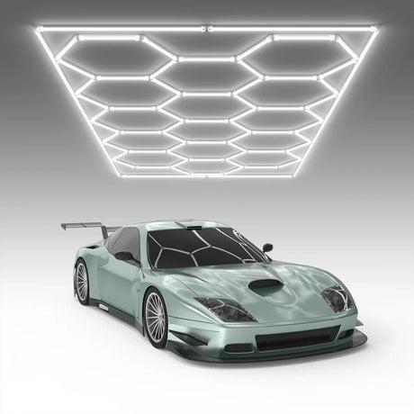 Hyperlite Hexagon Garage Lights Gen 2 - 15 Grid (15.9 x 8 ft) With Border - Hyperlite Hexagon Garage Lights Gen 2 illuminating a sleek mint green sports car.