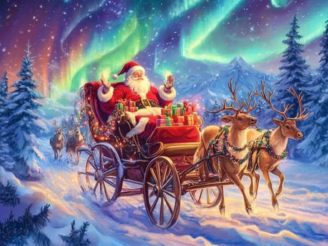 Santa Claus rides his sleigh pulled by reindeer under the Northern Lights.