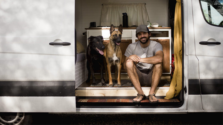 A person relaxes in the open car door, two dogs by his side.