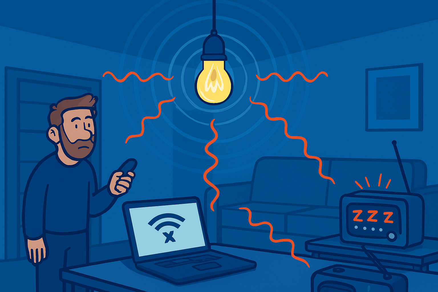 An illustration of a lightbulb causing electromagnetic interference with a laptop's Wi-Fi signal and a radio.