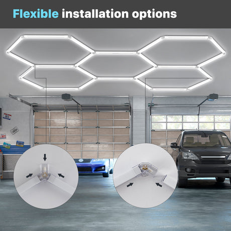 Hyperlite Hexagon Garage Lights Gen 2 - 15 Grid (15.9 x 8 ft) With Border - Hexagon garage lights installed on ceiling showing flexible installation options with connector close-ups.