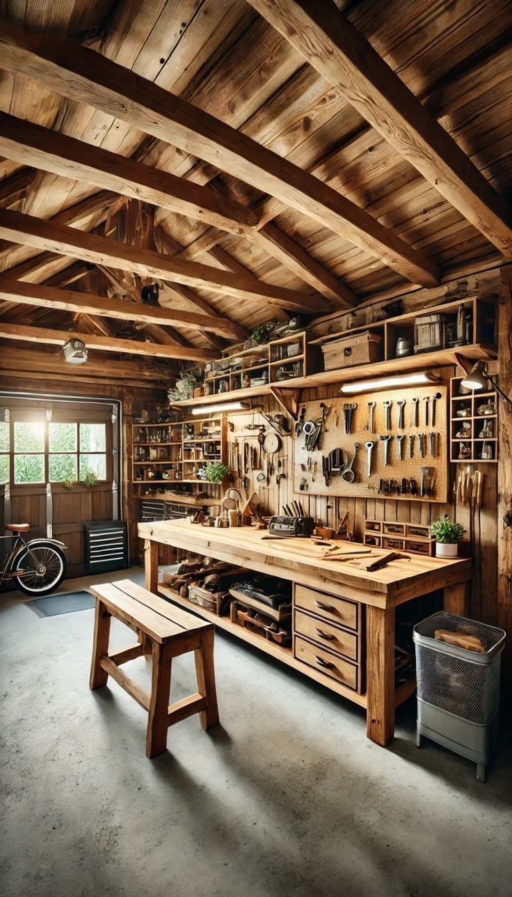 Rustic wooden workshop: tools on workbench & pegboard. Window & fixtures cast soft, warm light, creating an inviting warm color temperature. 