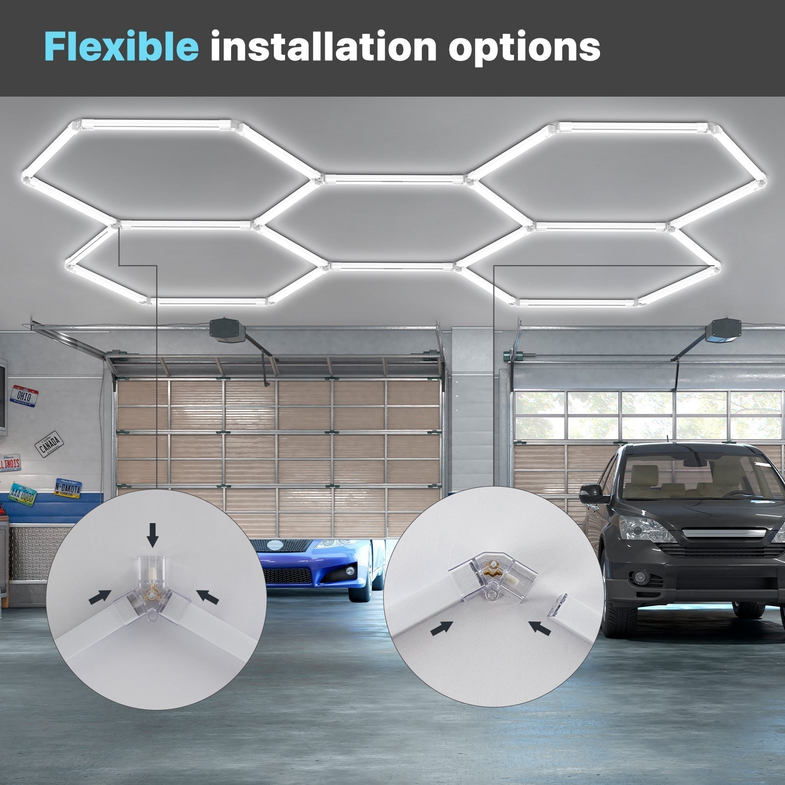 Dimmable Hexagon Garage Lights Gen 2 - 22 Grid (12.5 x 11.6 ft) - Hexagon garage lights installed on ceiling showing flexible installation options with connector close-ups.