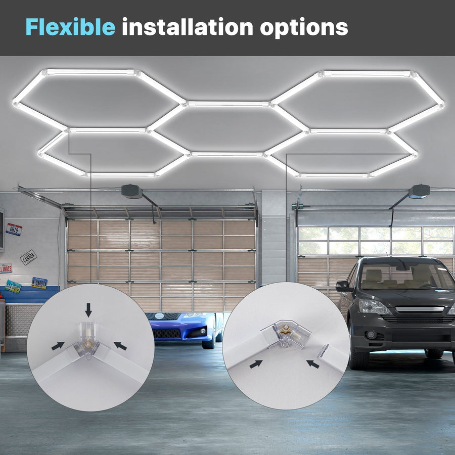 Dimmable Hexagon Garage Lights Gen 2 - 22 Grid (12.5 x 11.6 ft) - Hexagon garage lights installed on ceiling showing flexible installation options with connector close-ups.