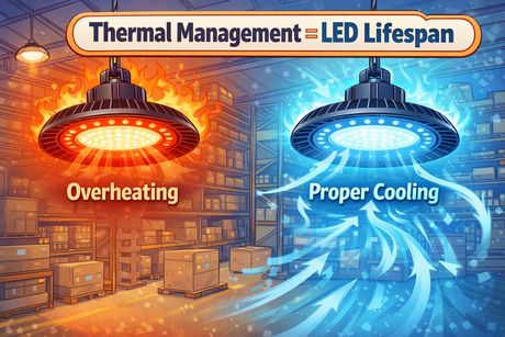 LED light thermal management: overheating vs. proper cooling, affecting lifespan in warehouse settings.
