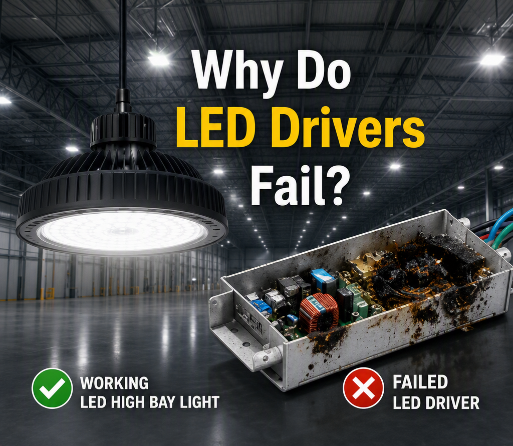 Why do LED drivers fail - Working LED high bay light next to a failed burnt LED driver