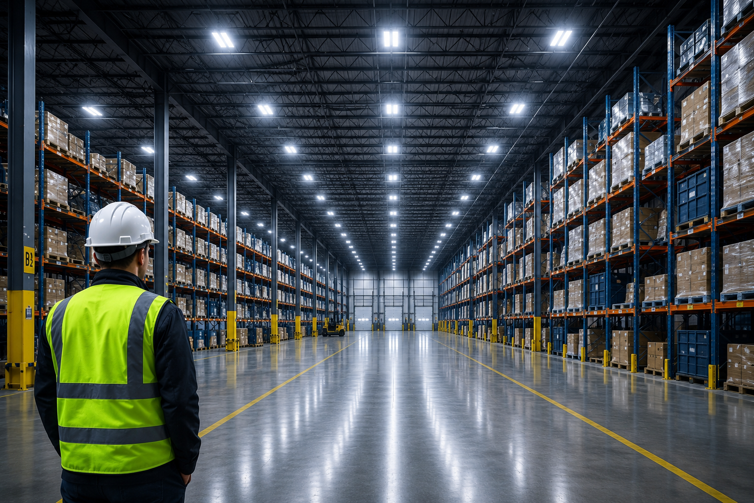 A brightly and uniformly illuminated modern logistics warehouse featuring high ceilings, numerous high-bay LED lights, tall storage racks, and a polished concrete floor reflecting light