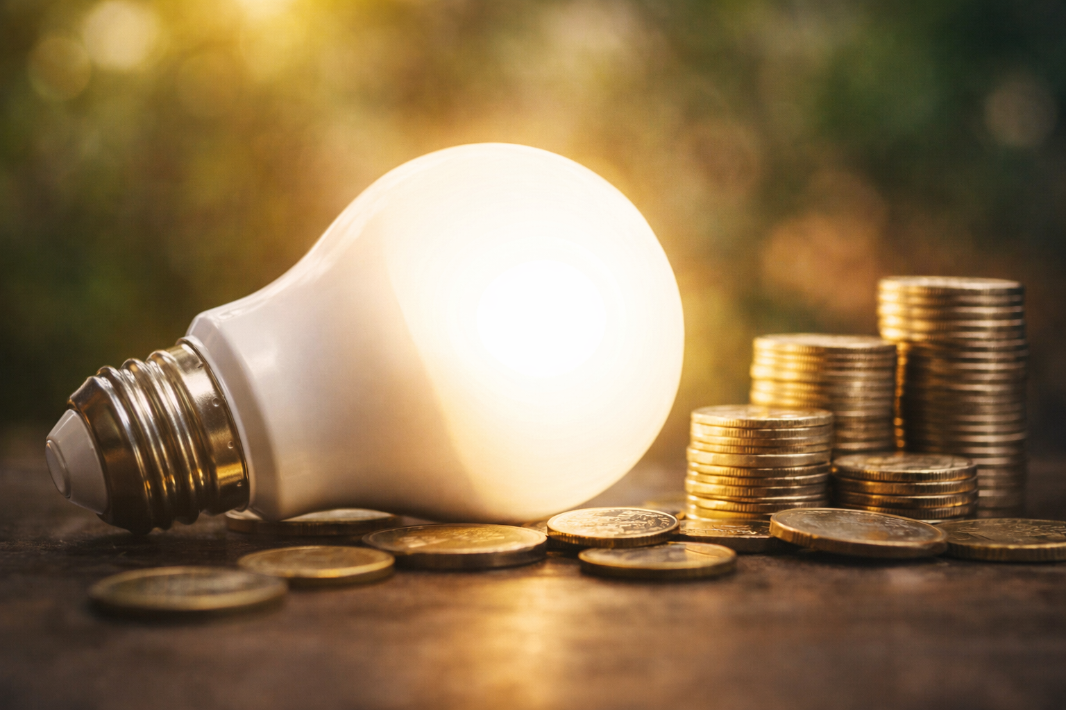 A glowing LED bulb next to stacked coins representing energy savings.