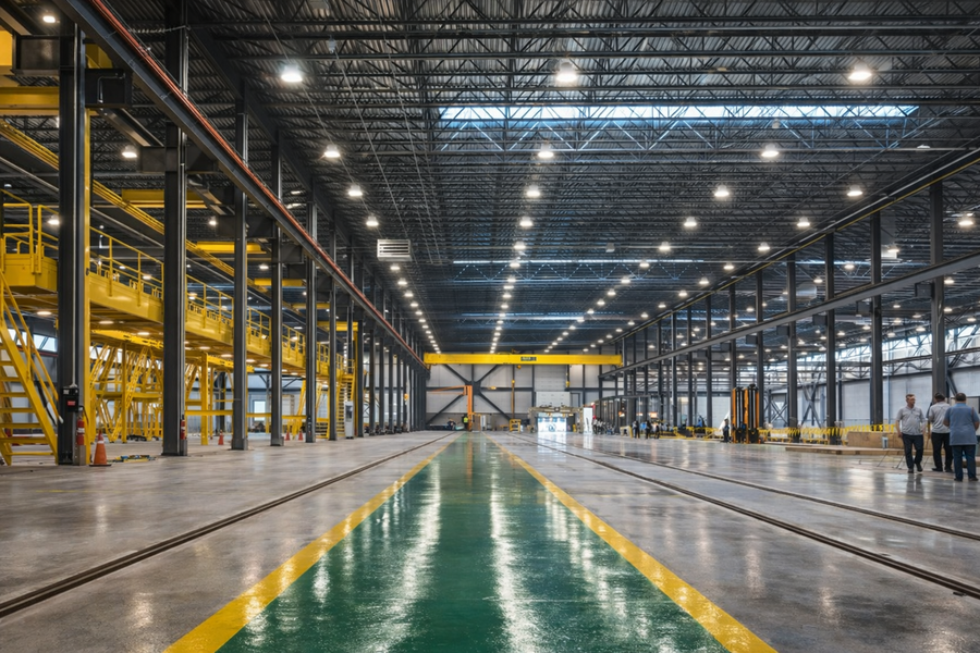 High bay LED lighting installed in large industrial warehouse