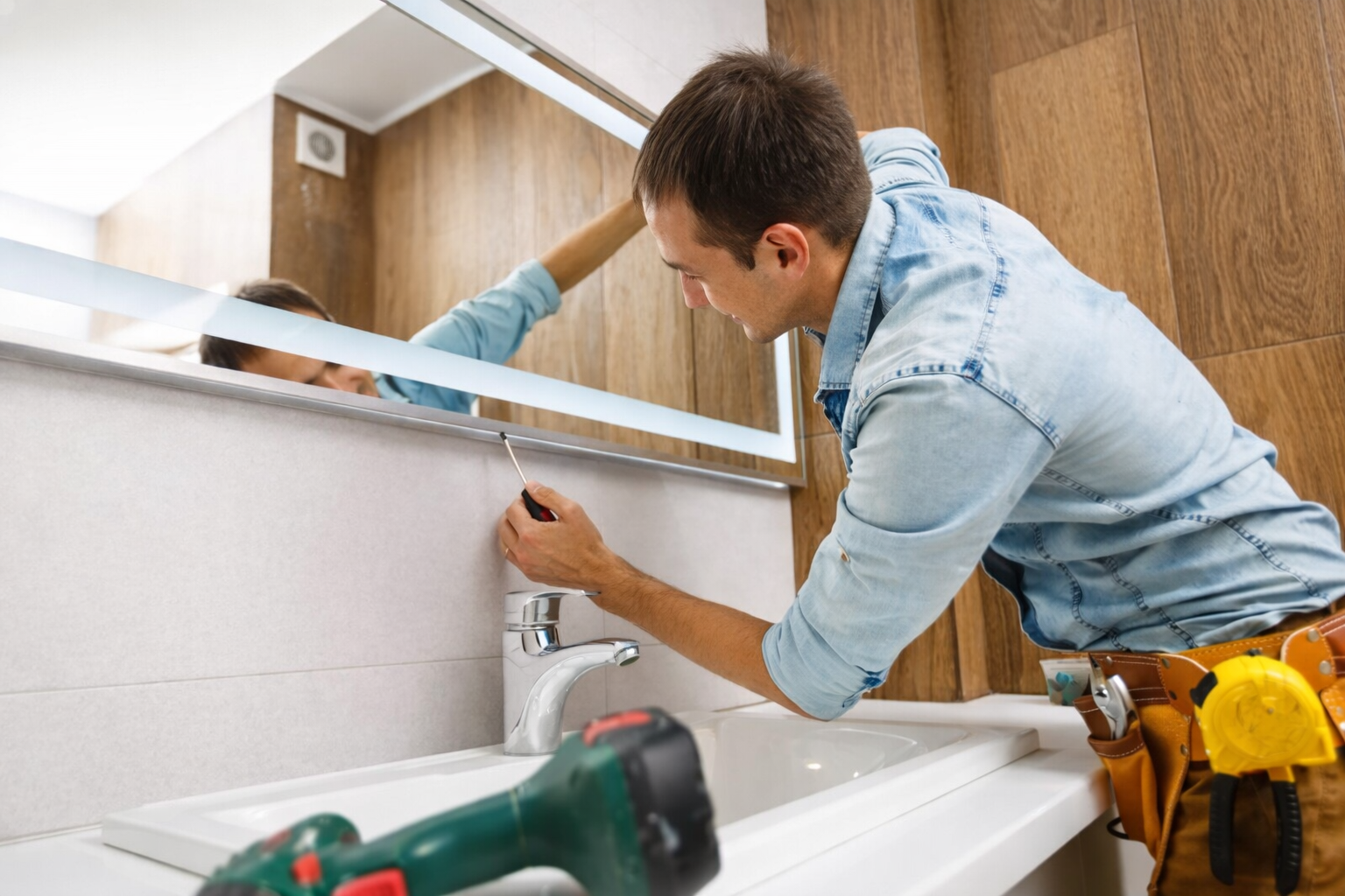 A man in a denim shirt and tool belt carefully uses a screwdriver to attach the bottom frame of an illuminated LED mirror to a wall.