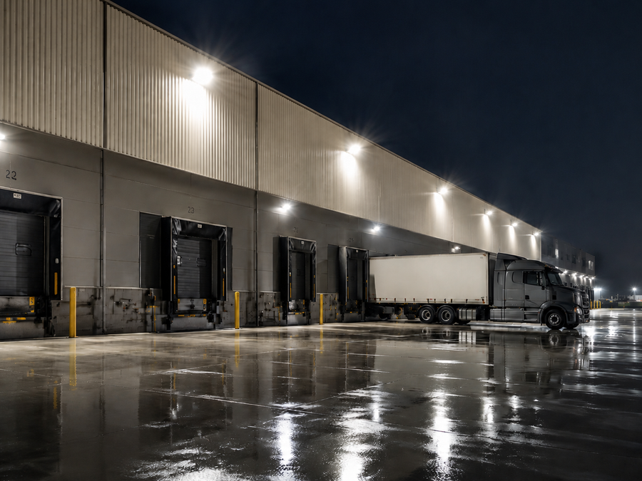 Flood light installation on industrial warehouse exterior above truck loading dock