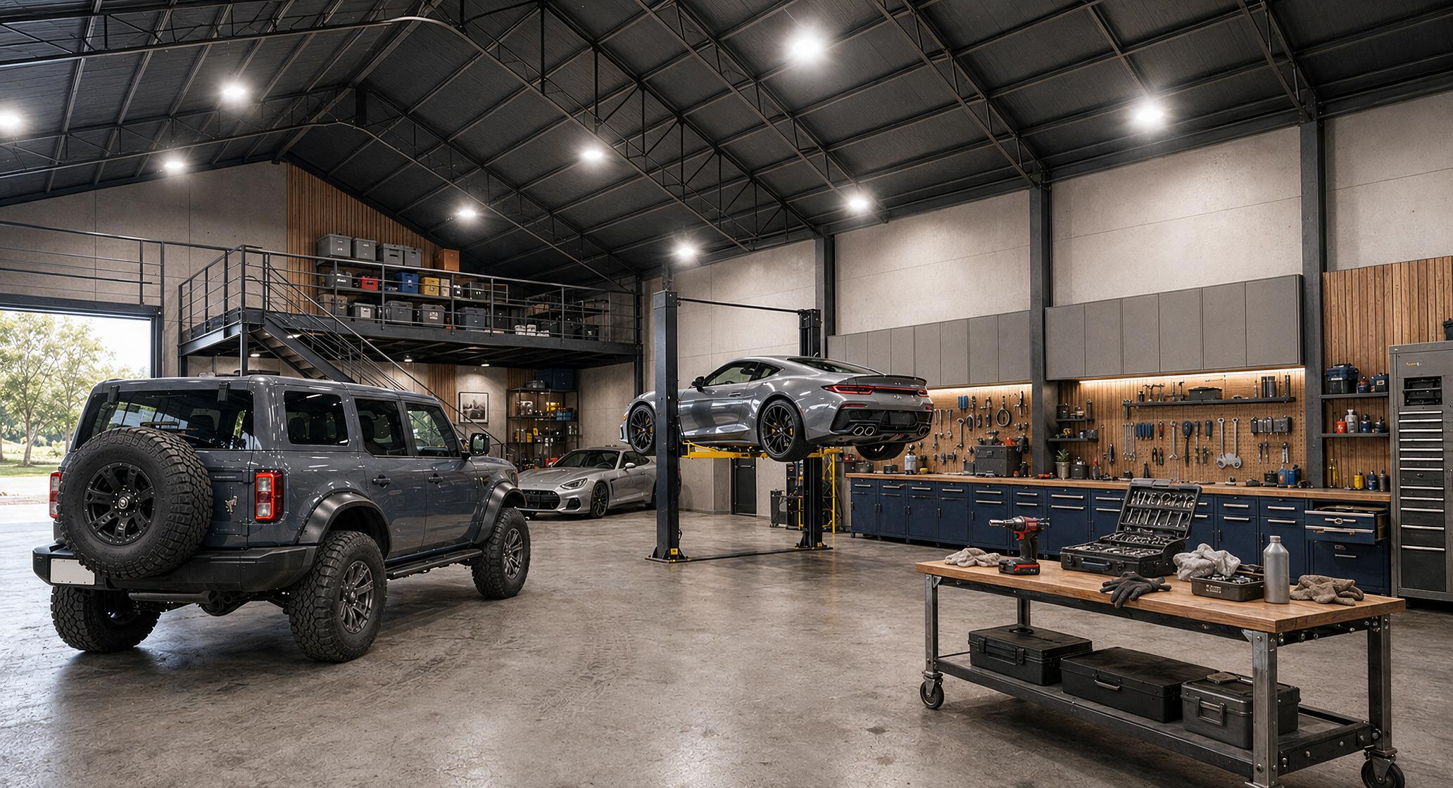 Modern garage with round LED high bay lights above a car lift, an SUV, and a workbench
