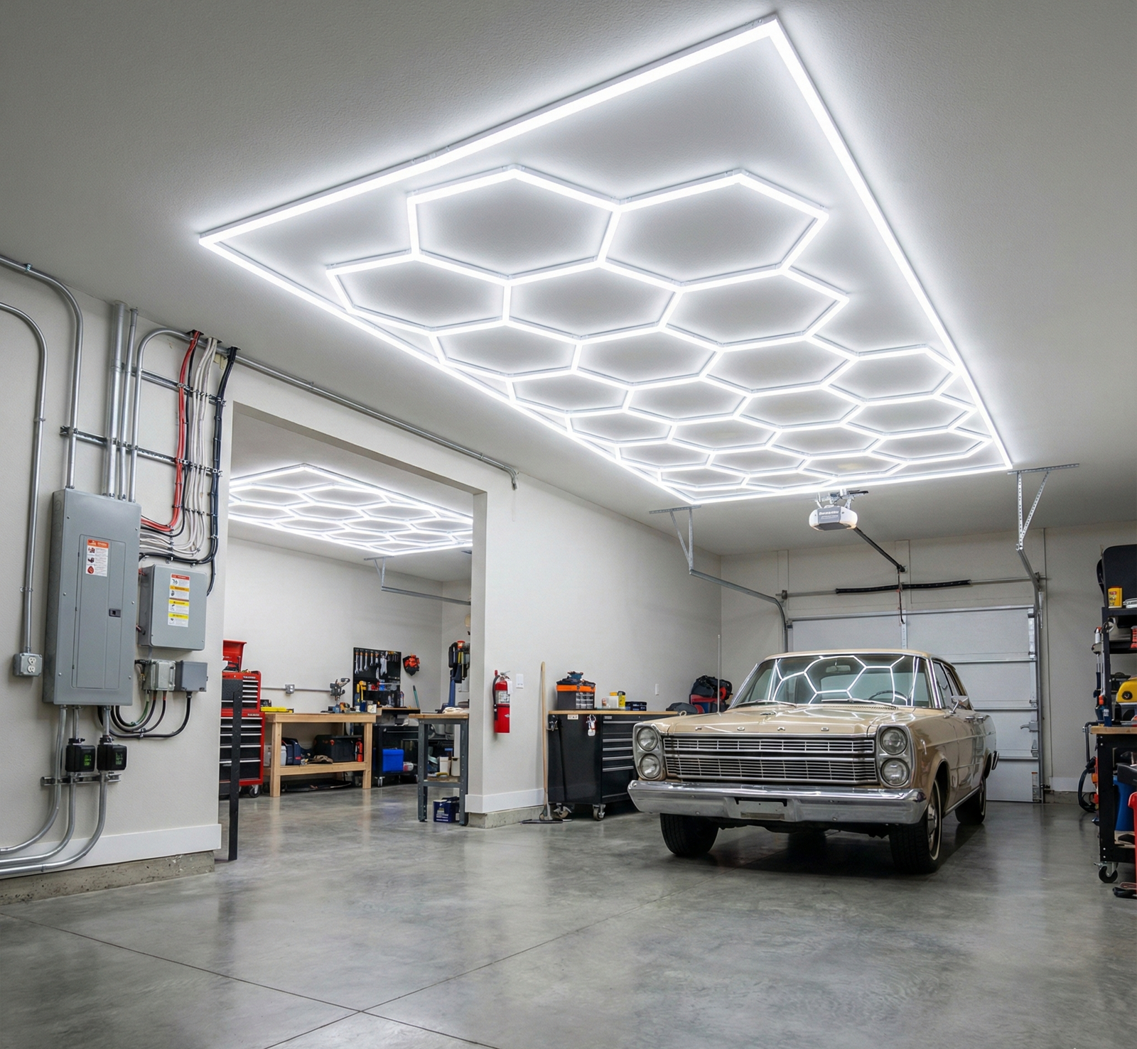 Classic car parked in a clean garage under a large hexagonal LED light grid.