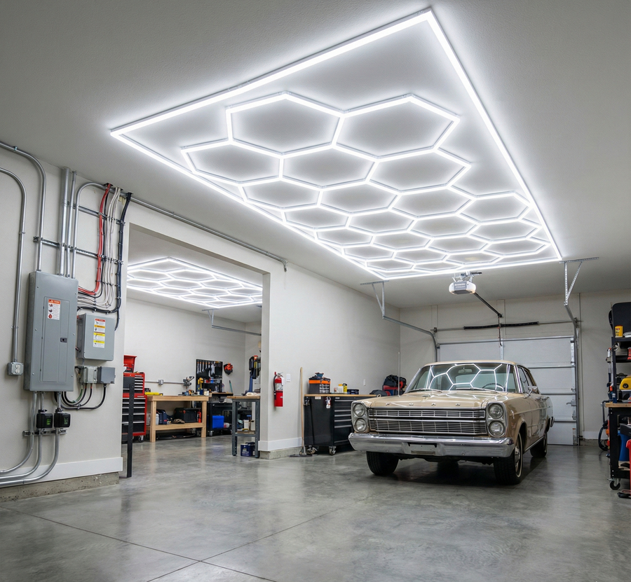 Classic car parked in a clean garage under a large hexagonal LED light grid.