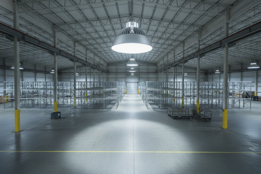 Industrial high bay light in a large warehouse ceiling, shown as an example of commercial lighting layout planning