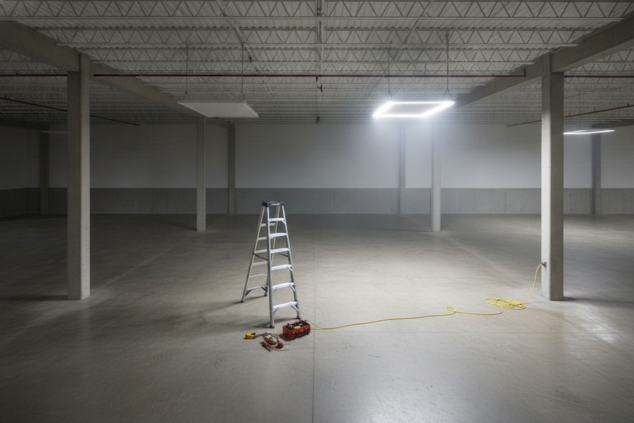 Two commercial LED light fixtures in a warehouse ceiling, one dark and one operating normally, with a ladder and inspection tools below