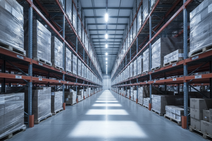 Warehouse aisle with bright overhead fixtures but darker rack faces between them, showing how a lit floor can still leave vertical storage areas dim.