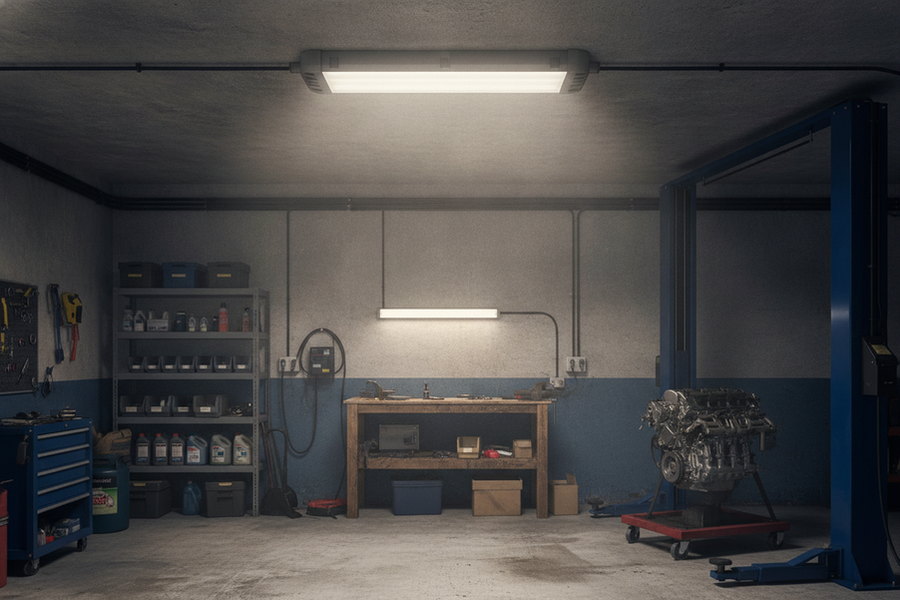 Sealed LED work light in a dusty workshop ceiling setting with even overhead illumination