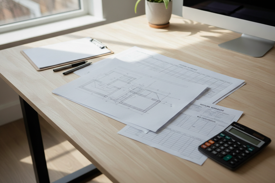 Commercial lighting project quote packet with plans, fixture schedule, and bid comparison sheets on a desk