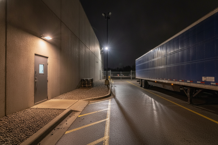 Loading dock approach lit at night with a service door, trailer parked nearby, and clear visibility of the walking path and threshold