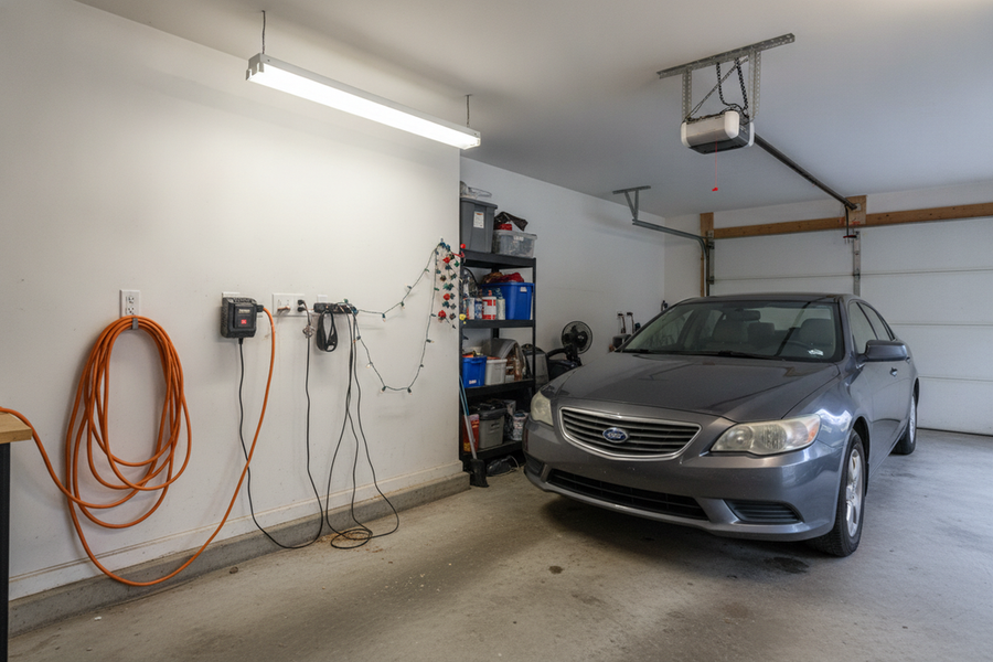 Garage with overhead LED lighting showing a shared electrical circuit concept and multiple garage loads in use