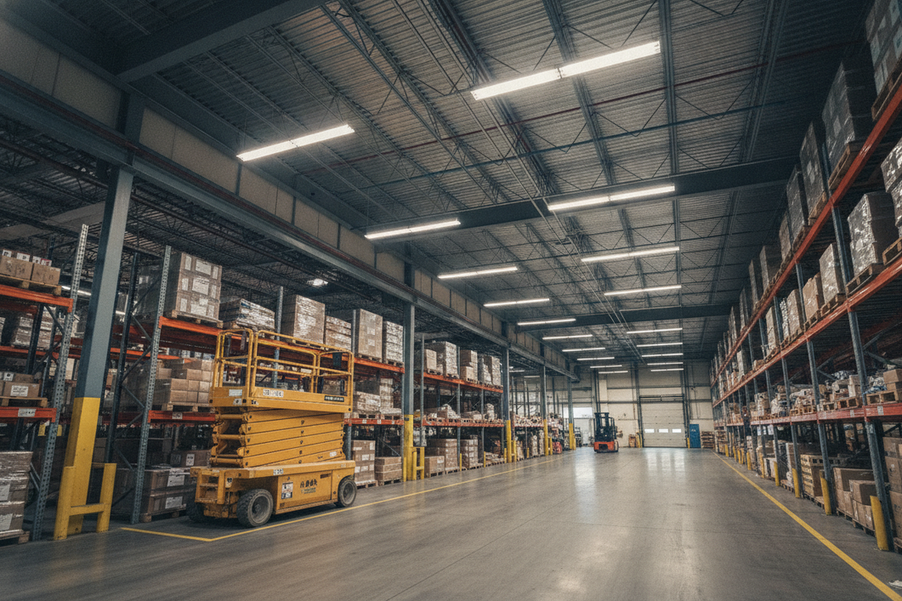 Commercial lighting retrofit site survey in a warehouse aisle, showing an existing overhead fixture group and the surrounding work area