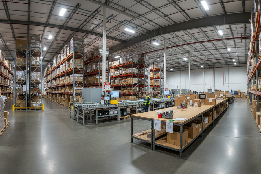 Warehouse overview showing separate task zones and storage aisles with bright overhead industrial lighting