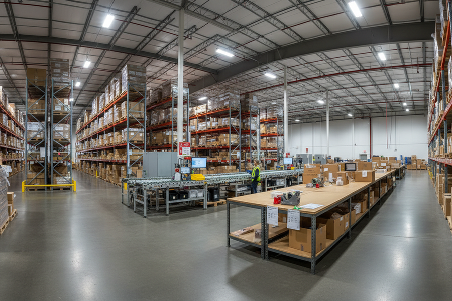 Warehouse overview showing separate task zones and storage aisles with bright overhead industrial lighting