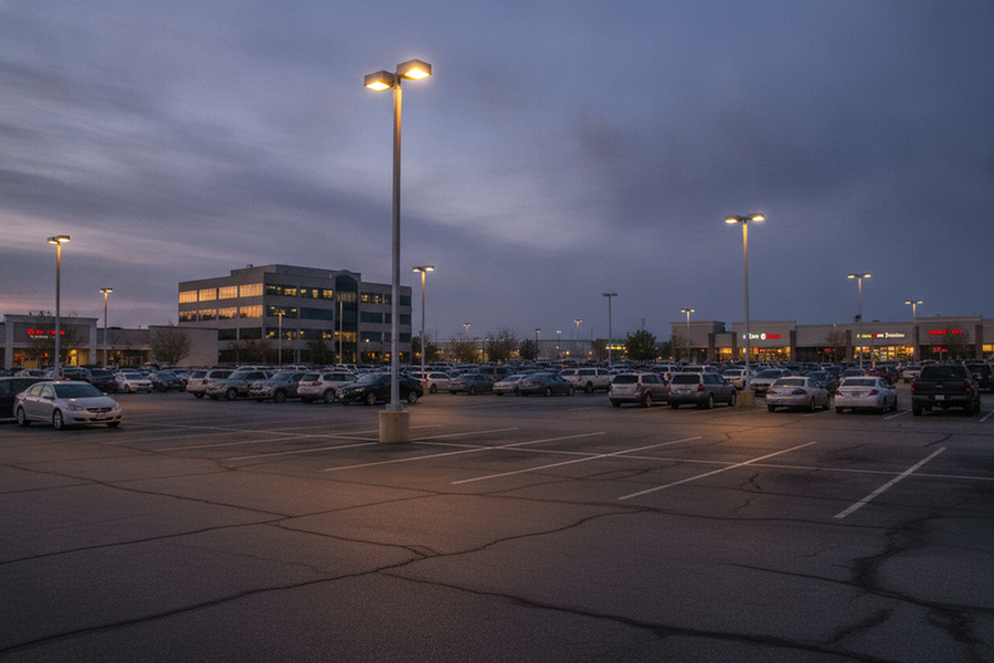 Parking lot light poles and mounted fixtures in a commercial lot at dusk