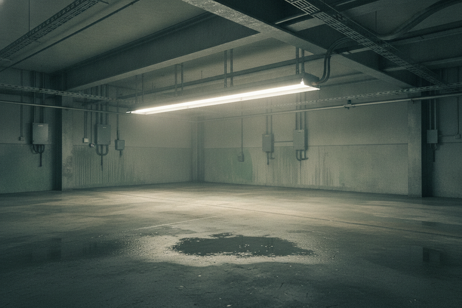 Editorial photo of a sealed industrial light fixture mounted in a damp utility area, with condensation and light moisture on nearby surfaces