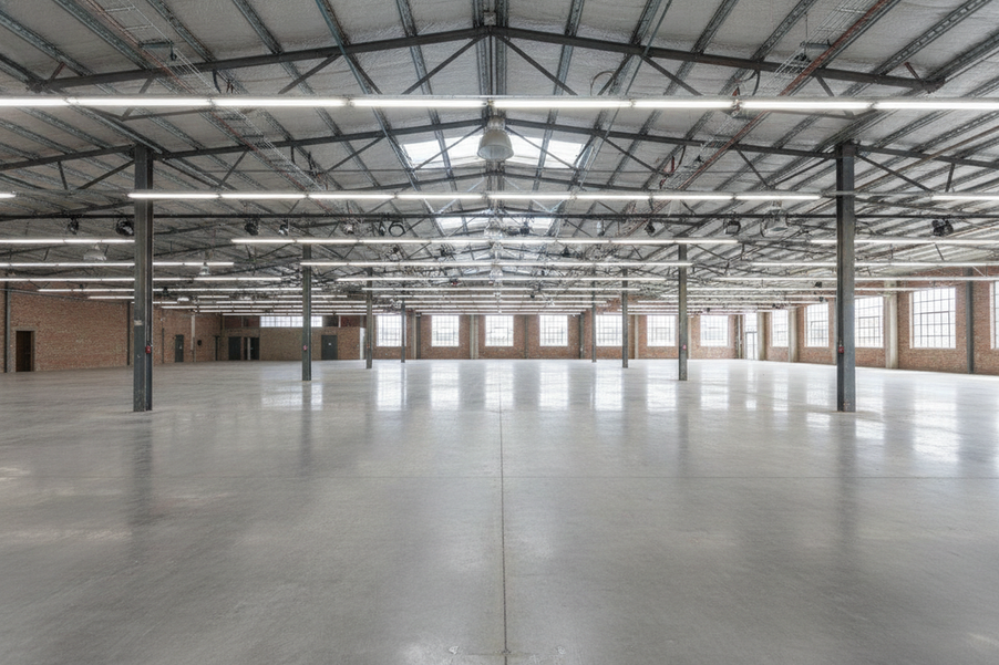 Wide view of a commercial interior showing ceiling height, fixture locations, and open floor area for a lighting layout review