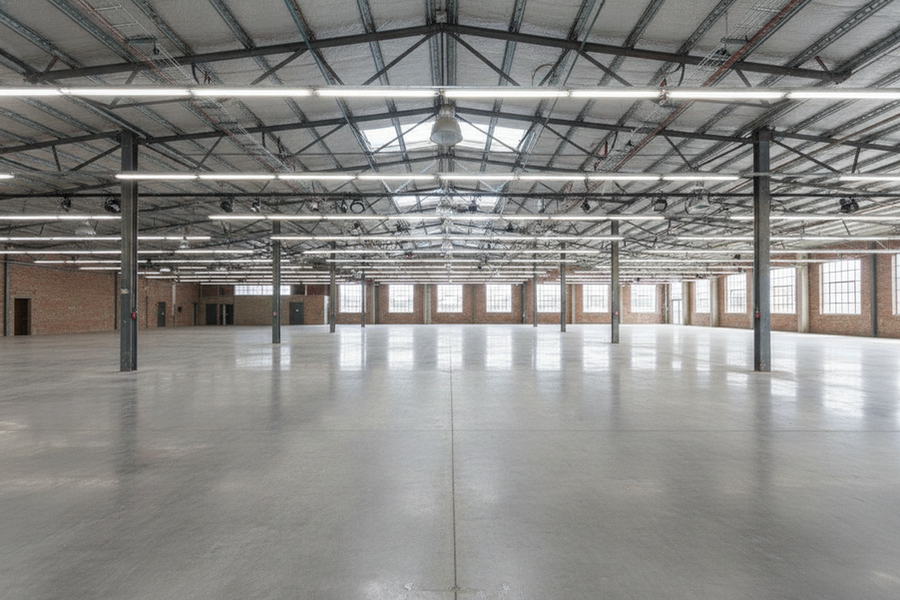 Wide view of a commercial interior showing ceiling height, fixture locations, and open floor area for a lighting layout review