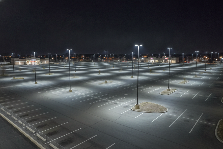 Parking lot lighting layout with bright pools under poles and darker gaps between them