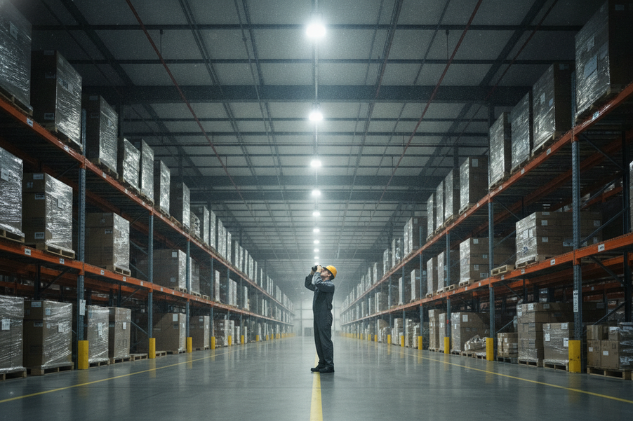 Commercial warehouse high bay lighting inspection in an aisle with a technician observing fixture condition and coverage changes