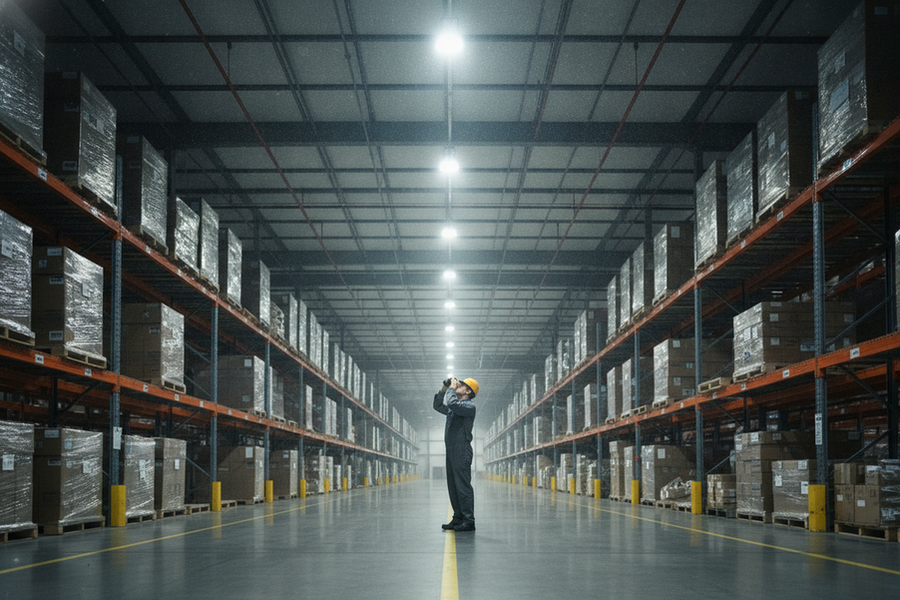 Commercial warehouse high bay lighting inspection in an aisle with a technician observing fixture condition and coverage changes