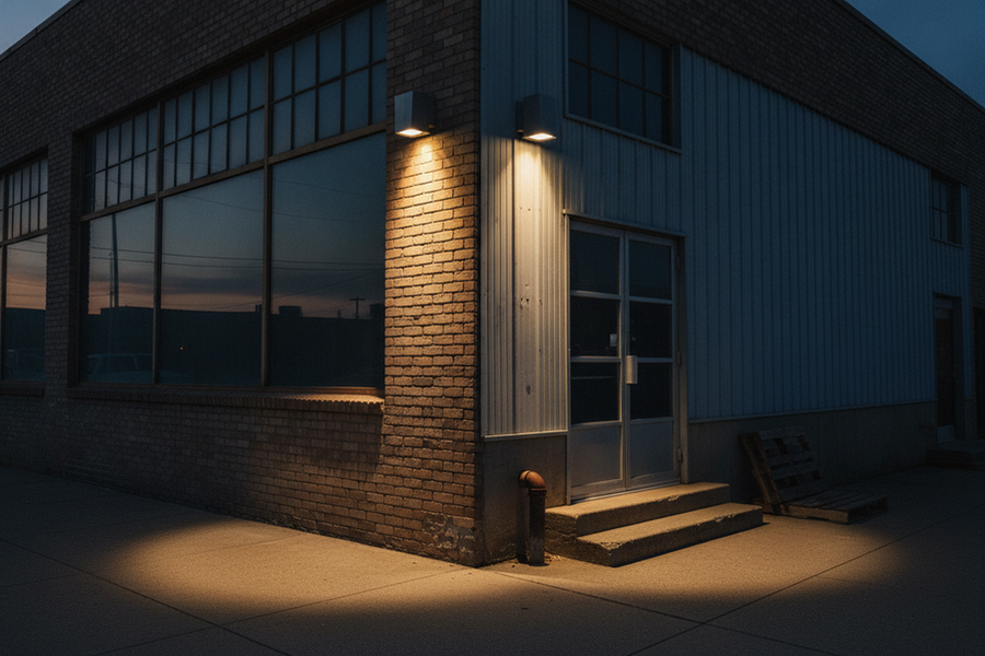 Commercial building corner lit from a wall-mounted fixture, showing coverage across two exterior walls and the ground near a doorway