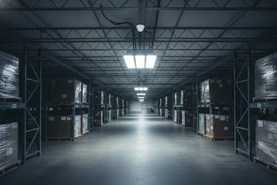 Commercial motion sensor controlling several ceiling lights in a warehouse aisle
