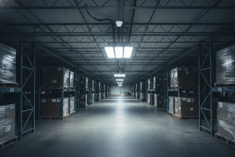 Commercial motion sensor controlling several ceiling lights in a warehouse aisle