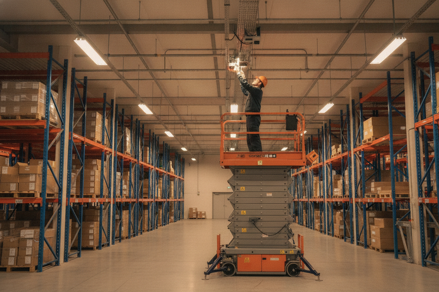 Commercial LED light fixture troubleshooting in a warehouse setting with a technician examining one failed overhead fixture while nearby lights stay on